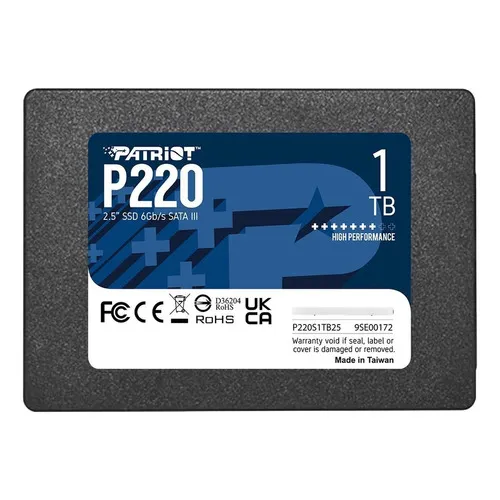 SSD PATRIOT P220 SATA III DE 1 TB, LECTURA DE HASTA 550 MB/S, ESCRITURA DE HASTA 500 MB/S, COLOR NEGRO