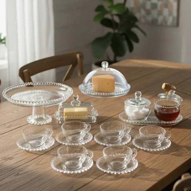Conjunto de mesa posta Pearl Wolf com 18 peças de vidro, incluindo xícaras, pires, boleira com tampa e mantegueira dispostos em uma mesa de madeira.