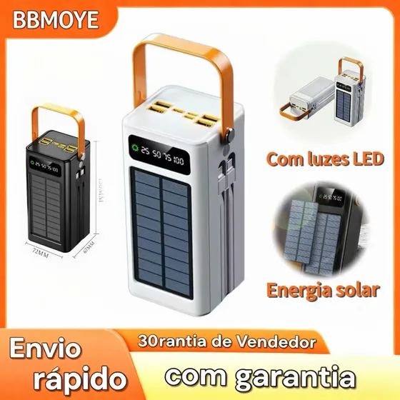 Power Bank Solar 50.000 mAh Carregador Portátil Turbo com Display LED e Lanterna para Viagem e Emerg