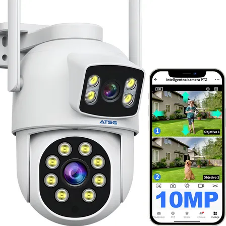 Atsg® Dual Camera Camara De Vigilancia Para Exteriores 2k Ip66 Resistente Conversación Bidireccional Seguimiento De Movimiento Alarma Móvil Visión Nocturna A Todo Color
