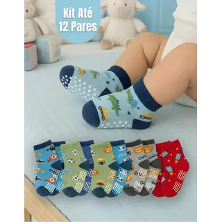 12 Pares Meia Bebê Rn Menino Antiderrapante Algodão 0 A 24 M