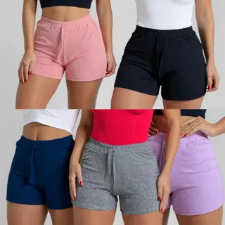 Kit 3 Short Feminino Canelado Cintura Alta Com Elastico Kit 3 Short Feminino Canelado Cintura Alta Com Elastico