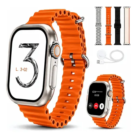 Smartwatch 49mm Bluetooth Chamadas 4 Pulseiras Titânio Dourado Titânio Esportivo Metálico Laranja Preto Bege Prata
