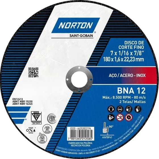 Disco Corte Metal Fino 7 X 1/16 X7/8  Bna12  - Norton