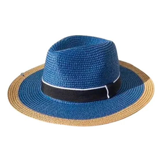 Sombrero  Rafia Bicolor Con Cinta Negra Elegante Urbana 