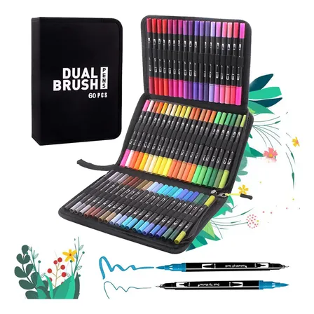 Kit 60 Canetas Ponta Dupla Brush Canetinha Lettering Marcado Kit 60 Cores