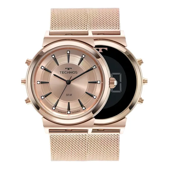 Relógio Technos Feminino Curvas Luxo Prova D'água 50 M Top Correia Rose Bisel Rosê Fundo Rosê/Preto