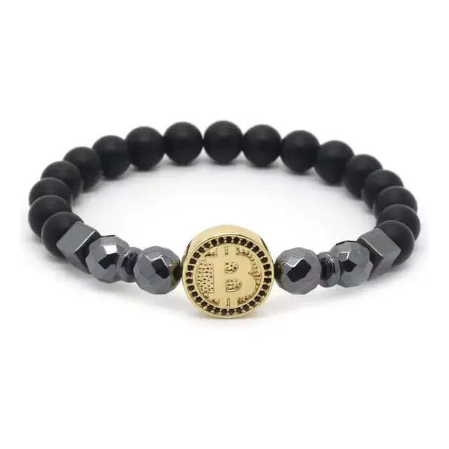 Pulsera Bitcoin De Piedras Y Metal, Talle Mediano