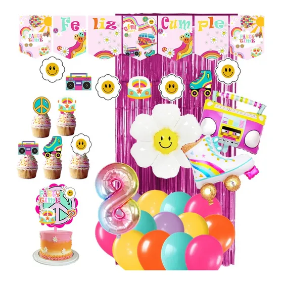 Combo Globo Retro Paz Y Amor Feliz Cumple + 10 Mini Pinches 