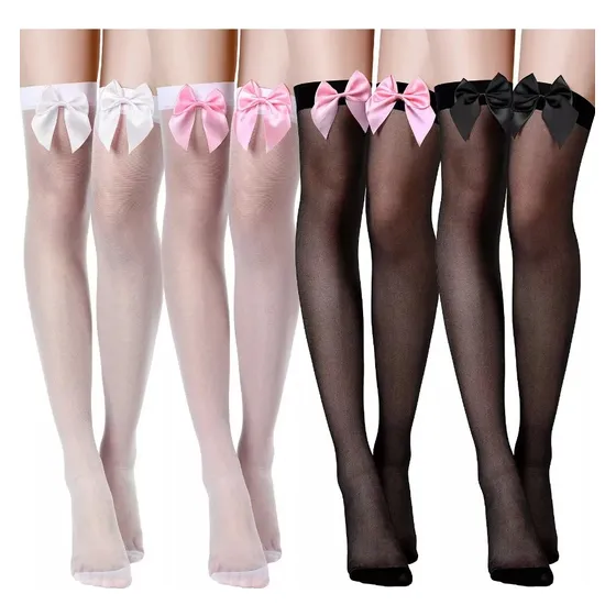 4pzs Medias De Encaje Sexy Liguero Bowknot Calcetas Largas
