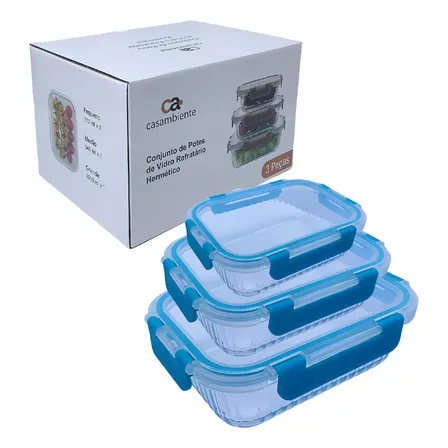 Kit 3 Potes De Vidro Casambiente Tampa Hermética Verde Retangular Para Micro-ondas E Freezer