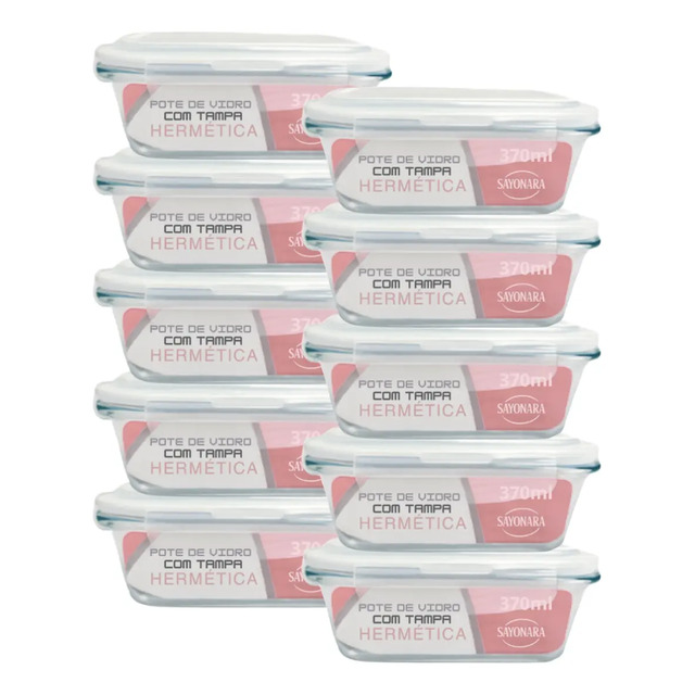 Kit Conjunto 10 Potes Vidro Hermético 370ml Marmita Vai Ao Forno Microodas Freezer Transpa...