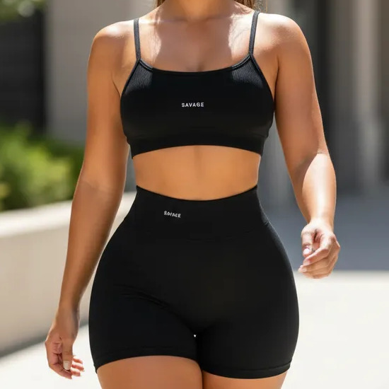 Conjunto Fitness Virginia Top Shorts Meia Coxa Cintura Alta Preto Liso P