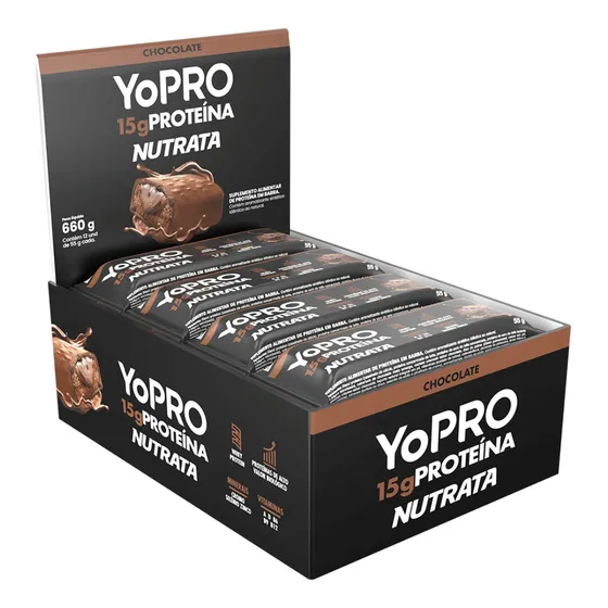 Barras De Proteína Yopro 12 Unidades 55g Whey Bar - Nutrata Sabor Chocolate