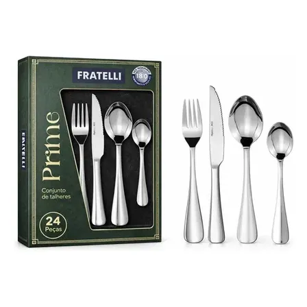 Faqueiro 24 Peças Profissional Luxo Prime Garfo Faca Colher Prata Aço Inox Cinza