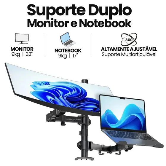 Suporte Duplo Articulado Monitor e Notebook 17 a 32 Braço De Mesa Ajustável Giro 360° VESA Ergonômico Home Office Alta Resistência Organize Seu Setup Home Office - MARKYS STORE