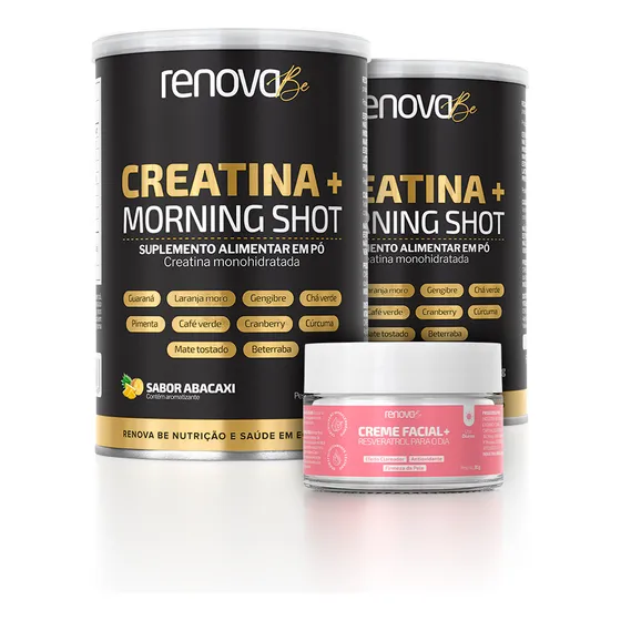 2 Potes Creatina + Morning Shot Creme Resveratrol Renova Be Sabor Abacaxi