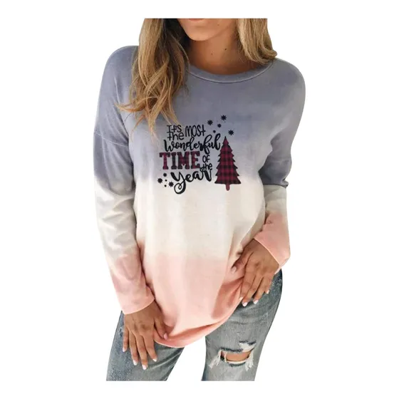 Pijama Navidad Para Mujer Cuello Redondo Manga Larga Holgada