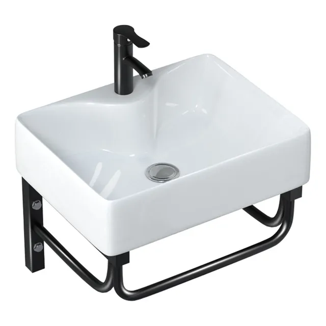 Lavabo De Bano De Cerámica Blanca Superpuesto Y Lavabo De Baño Colgante. Viene con un soporte de acero inoxidable de color negro mate y un elegante grifo de acero inoxidable de color negro mate.