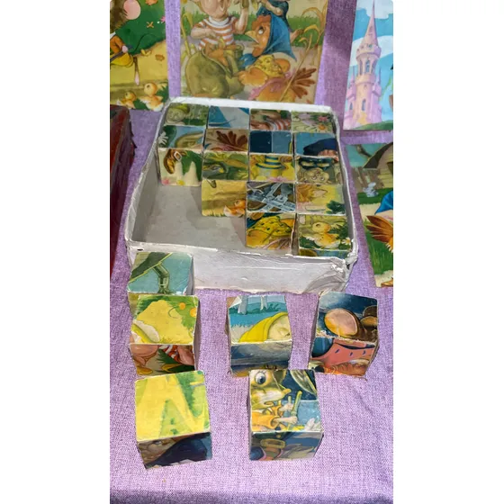 Puzzle Antiguo Juguete Infantil Cubos De Madera 6 Imágenes
