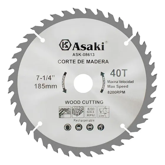 Disco Para Cortar Madera Asaki Ask-08613 185mm 40 Dientes Mf