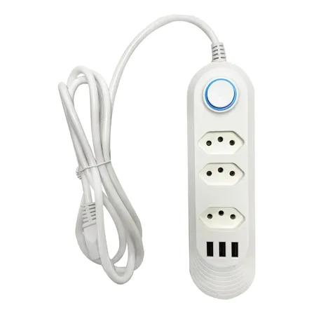 Extensão Elétrica 3 Tomadas Régua Bivolt C/ 3 Usb Cabo 2m Branco