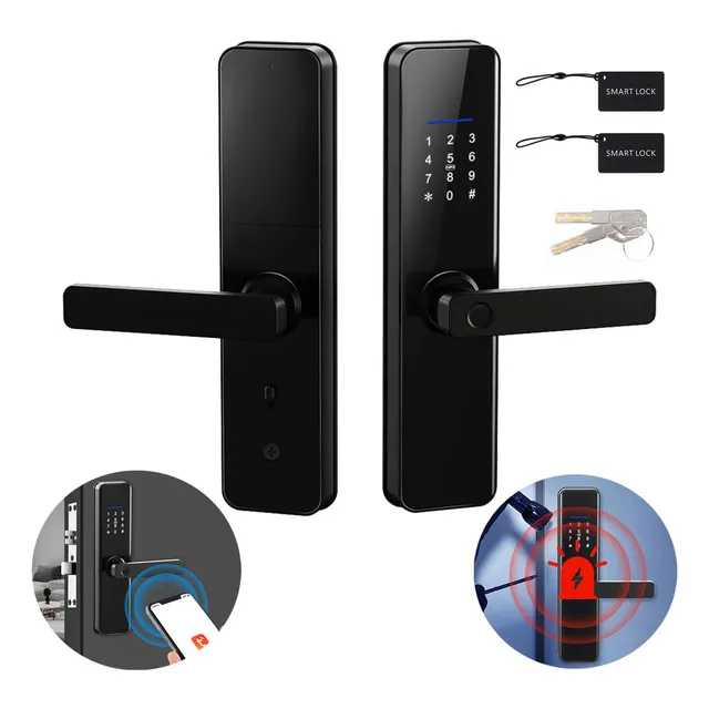 Cerradura Inteligente Tuya WIFI, Alarma de la Cerradura Anti-forzamiento, Impermeable IP65, 5 Métodos de Apertura, Contraseña/ App /Huella Digital/Tarjeta IC/Llaves Físicas, para Puertas Acero/Madera