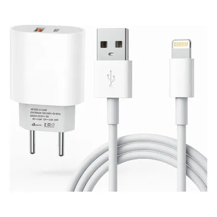 Carregador Turbo 40w Super Rápido Compatível Com iPhone 8 X Xr 11 12 13 14 Pro Max Fonte Com Entradas Usb E Tipo-c Branco