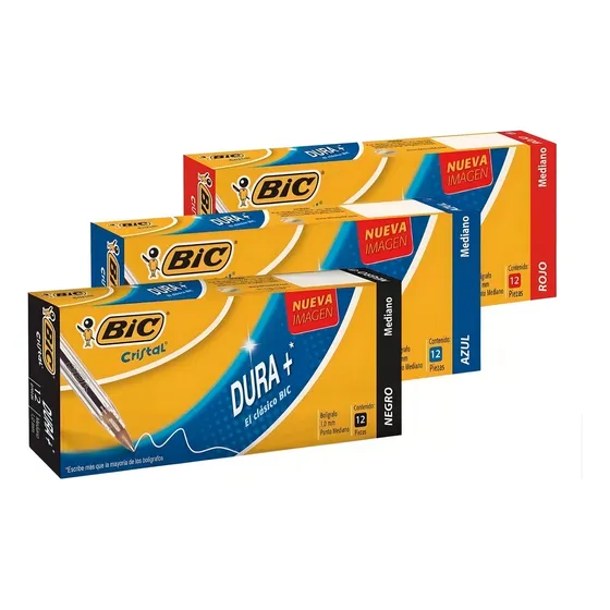 Plumas Lapiceros Bic Punto Mediano 3 Cajas (1 Negra, 1 Azul Y 1 Roja) 36 pzs