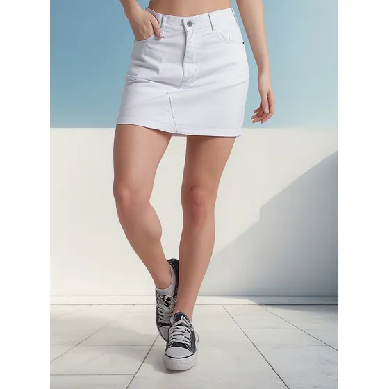 Pollera Onyx Mini Jean Elastizada Blanca Sin Ruedo Mujer