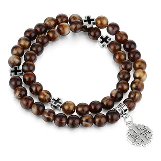 Pulsera Cuentas Cruz Jerusalén Esmaltada Marrón Católico Pulsera Cuentas Cruz Jerusalén Esmaltada Marrón Católico