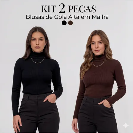 Kit 2 Blusas Feminina De Frio Gola Alta Manga Longa P - G Preto - Marrom P