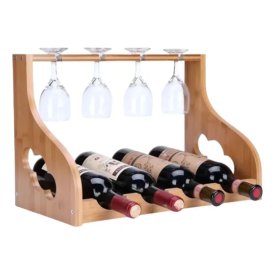Vinera Badecor, Bodega En Madera De Bambú, Rack Soporte Para 4 Botellas De Vino Y 4 Copas