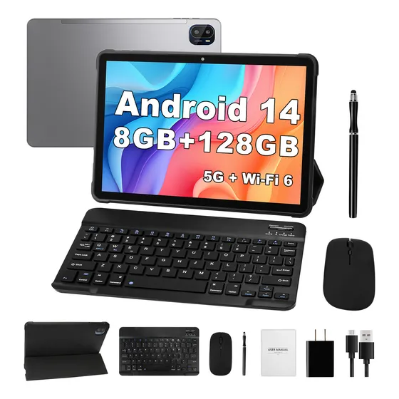 Tablet Android 14 AORZOO 10.1'' Hd 8+128gb Ram Octa-core Pad Wifi 6 Gris 1tb Ampliable Bluetooth 5.0, Cámara Dual 5mp+13mp, Tableta Con Funda Plegable Teclado Ratón Lápiz Y Gms Certificación Tablets