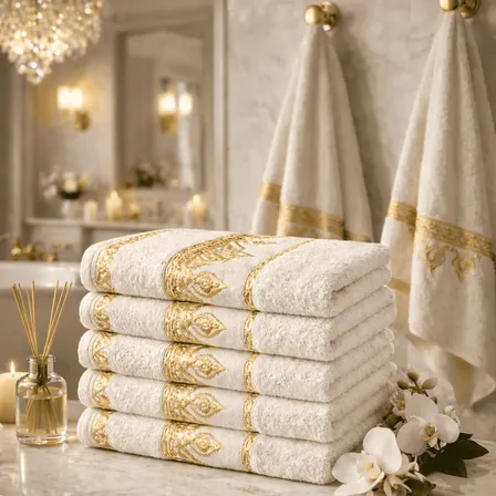 Jogo 5 Toalhas Banho Macia 100% Algodão Premium Gigante Bege Decorado