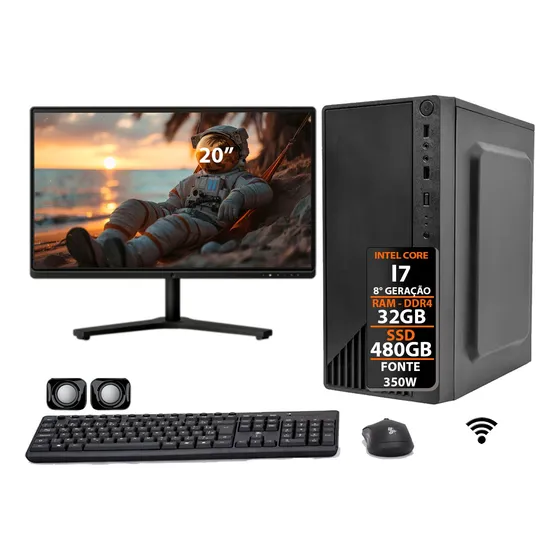 Computador Core I7 8°ger Ddr4 32gb Ssd 480gb 350w Monitor 20