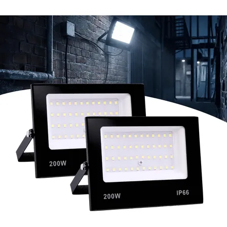 Kit 2 Refletor Led Holofote 200w Ip66 Branco Frio Carcaça Preto Luz Branco-frio