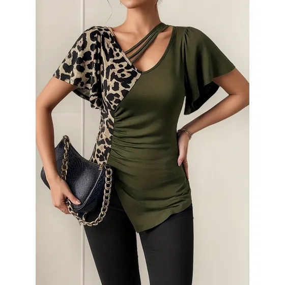 Mariposa De Cuello Asimétrico Con Estampado De Leopardo Popu
