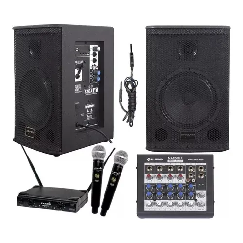 Caixa Som Saga 8'' Ativa Passiva Microfone Sem Fio Mesa 6 Ca Cor Preto