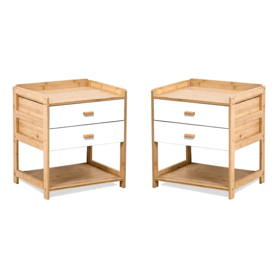 Juego De 2 Mesas De Luz Badecor Marrón Y Blanco, 2 Cajones, Madera De Bambú Excelente Calidad, Mesa De Noche, Dormitorio - Estilo Nórdico - 46x38cm Alto 52cm