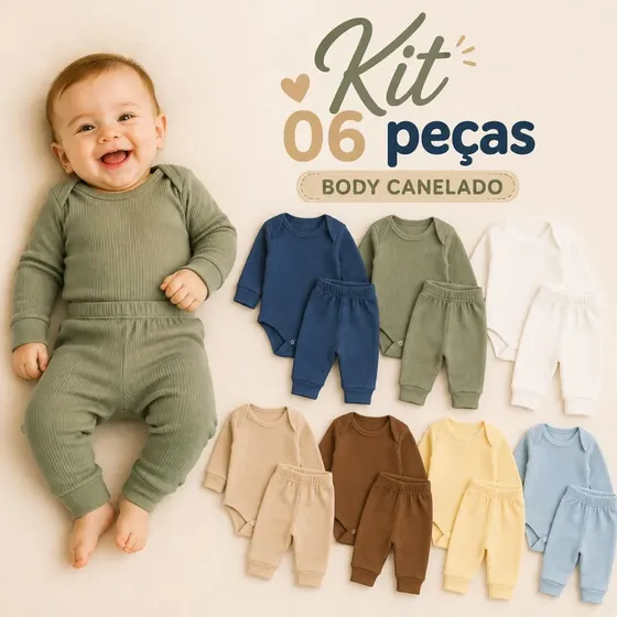 Kit 6 Peças Body Canelado Bebê Menino Manga Longa Calça
