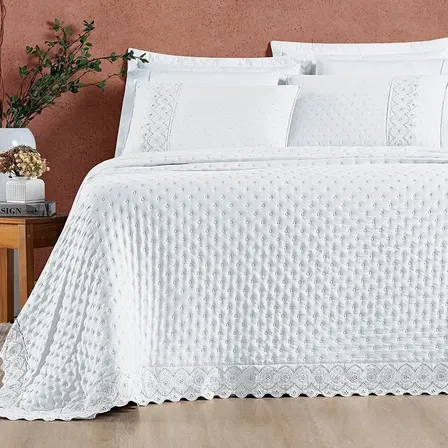 Cobre Leito Colcha Queen Kit 3 Peças Bordado Inglês Conforto Branco Bordado
