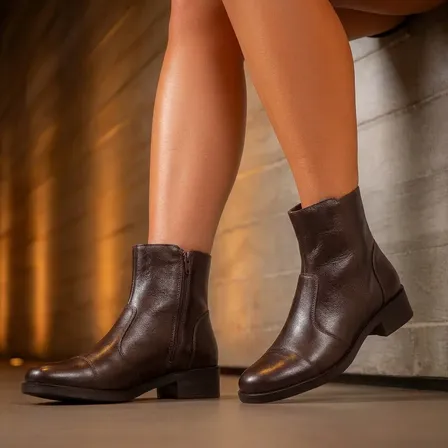 Bota Feminina Vittal Couro Sofia Cano Baixo Zíper Lateral