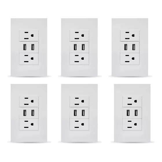 6 Tomacorrientes Contacto Placa Usb Megaluz Blanco Moderno
