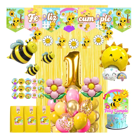 Combo Globo Abejita Bolsita Banderin Stickers Topper Guirnal