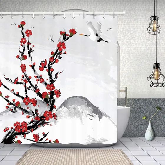 Cortina Ducha Asiatica Diseño Flor Cerezo Rojo Japon Montaña