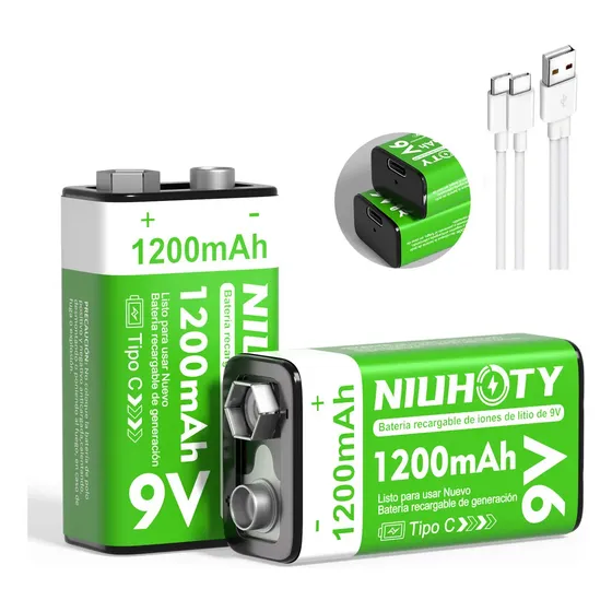 Paquete De 2 Pilas 9v Recargables Sm Usb C 1200 mAh 1.5v Carga Rapida Alta Duración Ideal Para Aparatos De Alto Consumo Como Electroestimuladores Y Todo Tipo De Dispositivos