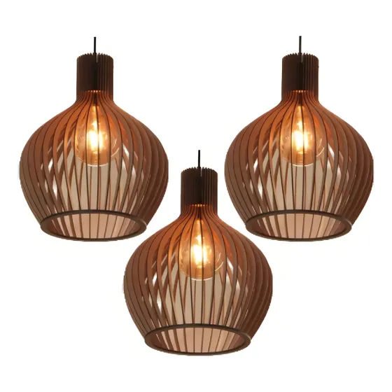 Lustre Pendente Kit 3 Peças Sala Luminária De Teto Madeira Cor Marrom