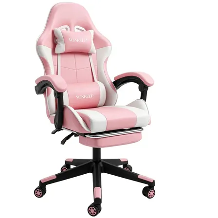 Reposapiés ergonómicos Vonkeep Silla Gamer con Tira Luces, reclinable, Giratoria Gaming Escritorio Oficina Super Cómoda Cuero Sintético Rosa