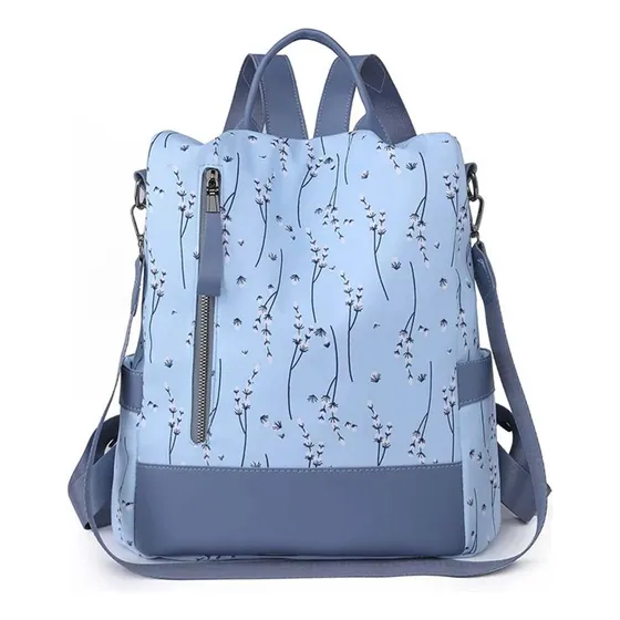 Mochila Cartera Antirrobo, Floreado Llavero En Hoja, Celeste